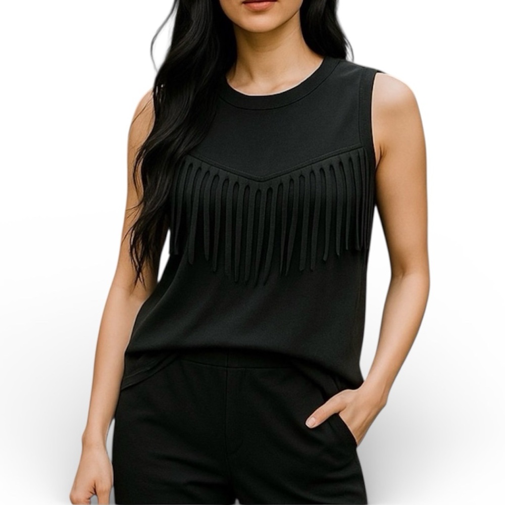 NEW Michael Stars Bamboo Fringe Sleeveless Tank in Black OS